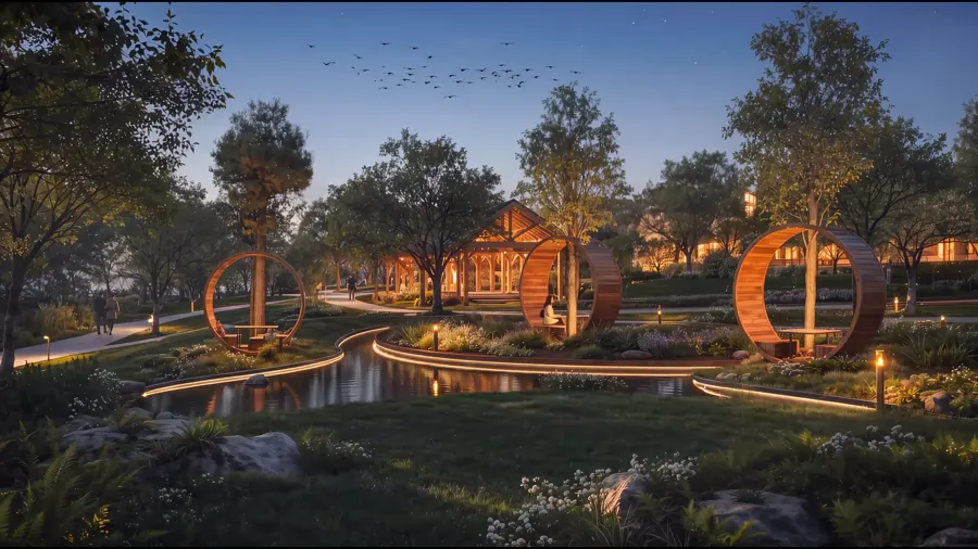Akşam ışığında halka formlu park köprüsü