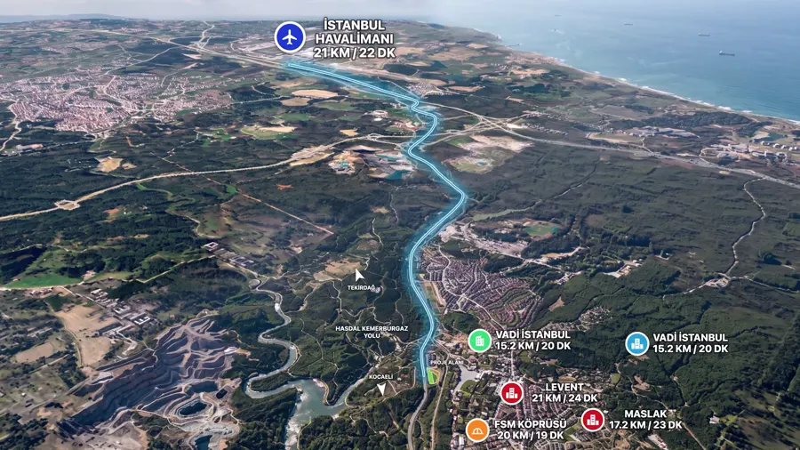 Kemerburgaz proje alanının İstanbul Havalimanı, Vadi İstanbul, Maslak ve Levent'e uzaklığını gösteren hava haritası