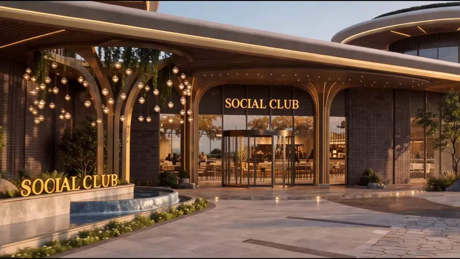 Social Club girişinin akşam görünümü
