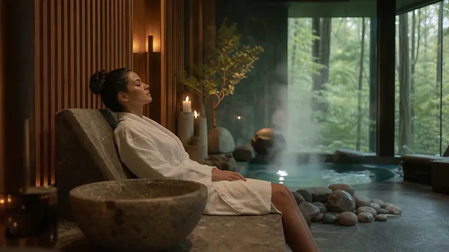 Ormana bakan spa odasında dinlenen kadın