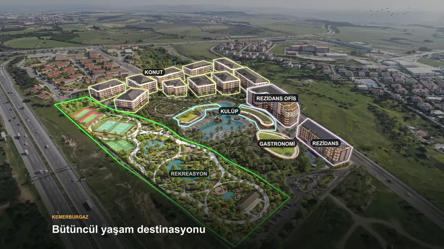 Konut, kulüp, rezidans ve park alanlarının havadan görünümü