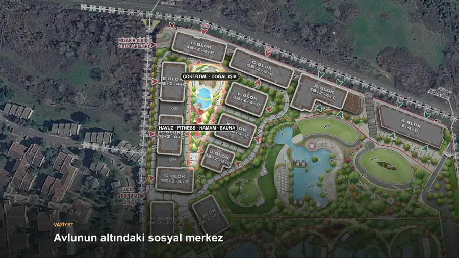 Projenin vaziyet planı; girişler, avlu ve sosyal merkez